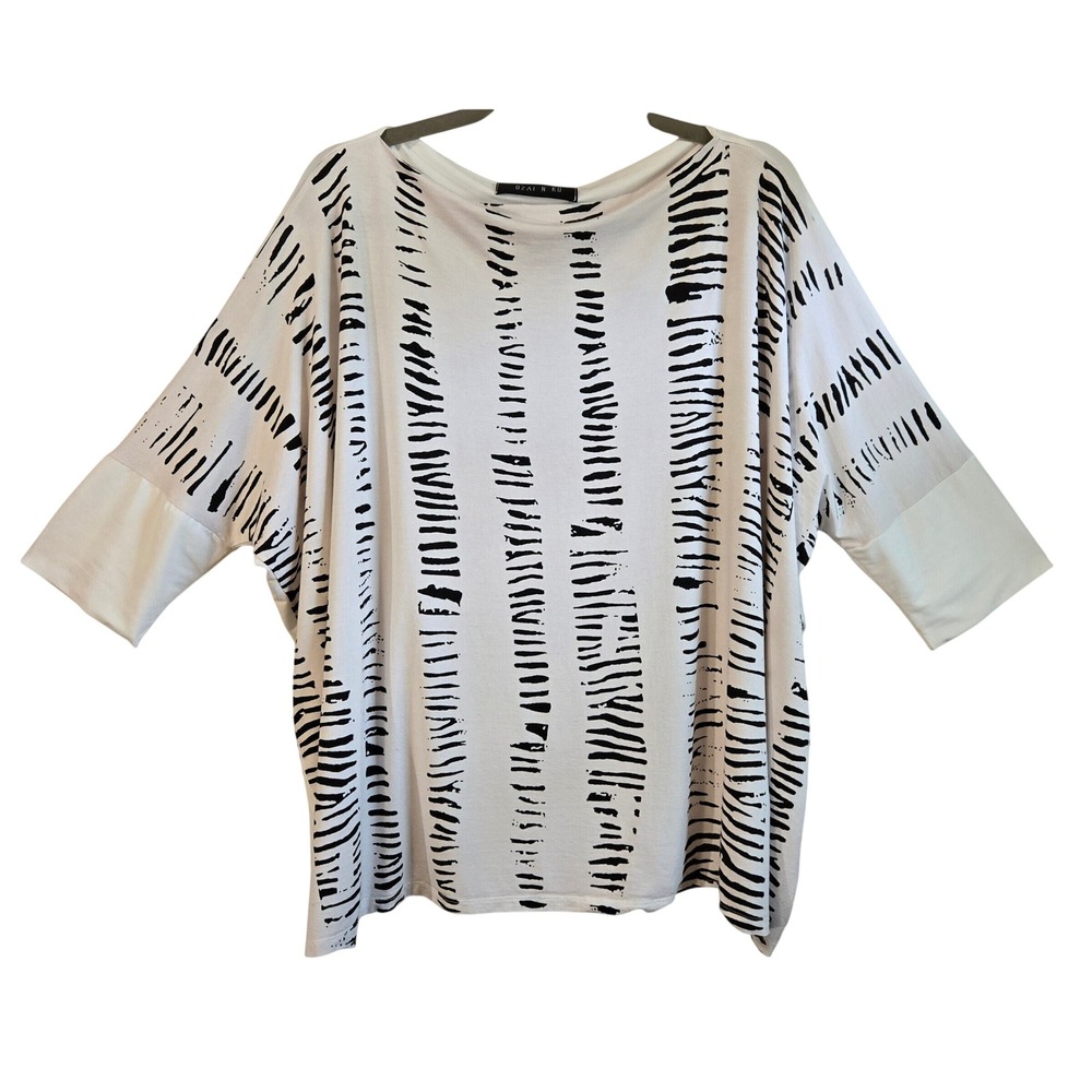 Ozai N Ku Womens 2X White Black Abstract Stripe Oversized Blouse Made in Greece